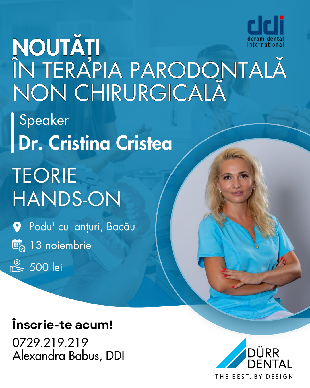 Afiș curs Noutăți în terapia parodontală non-chirurgicală - Dr. Cristina Cristea, Bacău, 13 noiembrie 2026